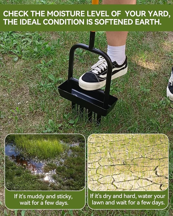 2-in-1 Manual Lawn Aerator Tool with Soil Core Storage Tray - 41.3" Heavy Duty Carbon Steel Garden Core Aerator Lawn Tool- Multifunctional Spike & Plug Aerator for Compacted Soil