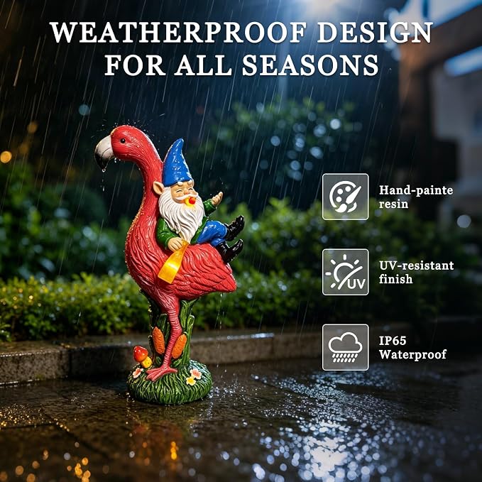 Solar Garden Gnome Riding Flamingo Sculpture with LED Light, Resin, Multicolor, Outdoor Yard Lawn Patio Decor