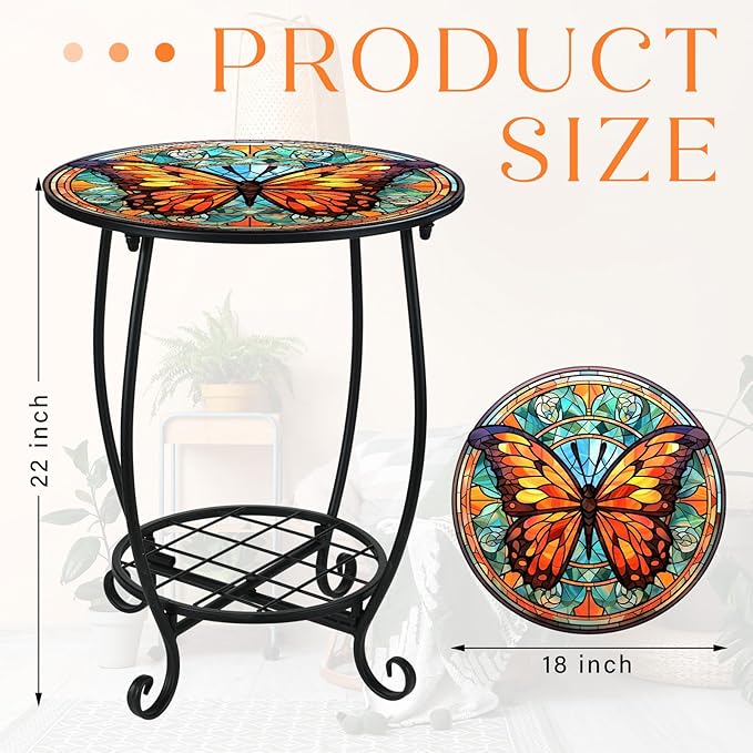 Cinnvoice Outdoor Side Table Round Small Mosaic Patio Accent Indoor End Plant Coffee Tea Table for Yard Patio Porch Garden Living Room, Bedroom(Butterfly B Style,18 Inch)