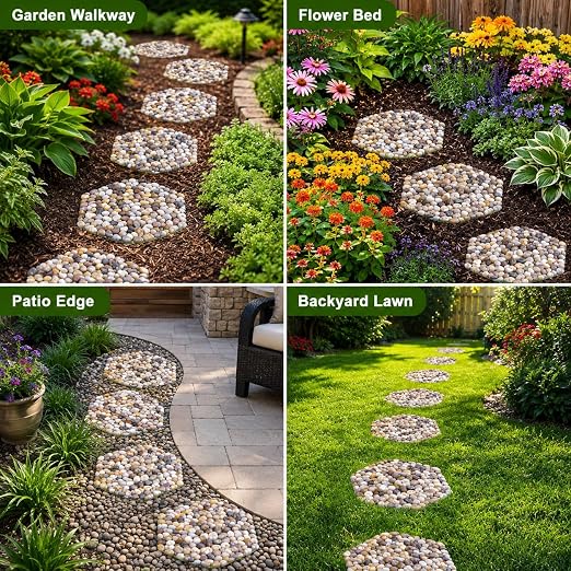 Stepping Stones Outdoor, 12 Inch Natural River Rock Garden Pavers, Set of 6 Round Pebble Stones for Walkway, Yard, Lawn, Patio, Pathway & Landscaping Decor (Hexagon)
