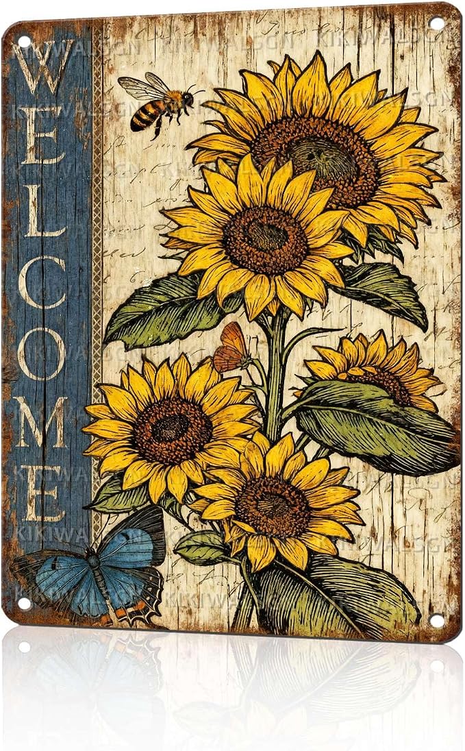 Vintage Sunflower Tin Sign Welcome Retro Garden Metal Sign Rustic Nostalgic Wall Decor For Home Garden Plaque Yard Bar Farmhouse Porch Living Room Cafe Kitchen 16 * 12 In