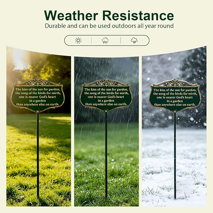 Garden Signs for Outside, "The Kiss of The Sun" Double-Sided Vintage Green Poem Plaque with Stake, Aluminum Outdoor Garden Sign for Patio Yard Lawn Backyard Porch Decor
