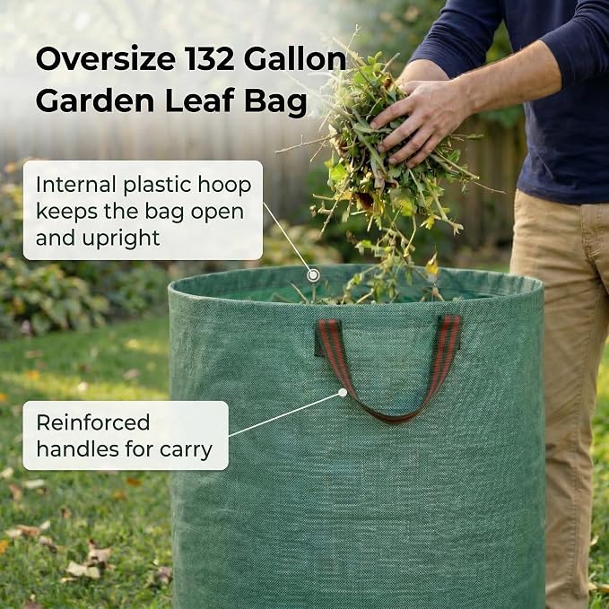 Gardzen 2-Pack 132 Gallon Yard Waste Bags, Reusable Heavy Duty Collapsible Garden Leaf Bags with Plastic Ring, Stand-Up Yard Waste Bin for Leaves, Lawn Debris & Grass Clippings