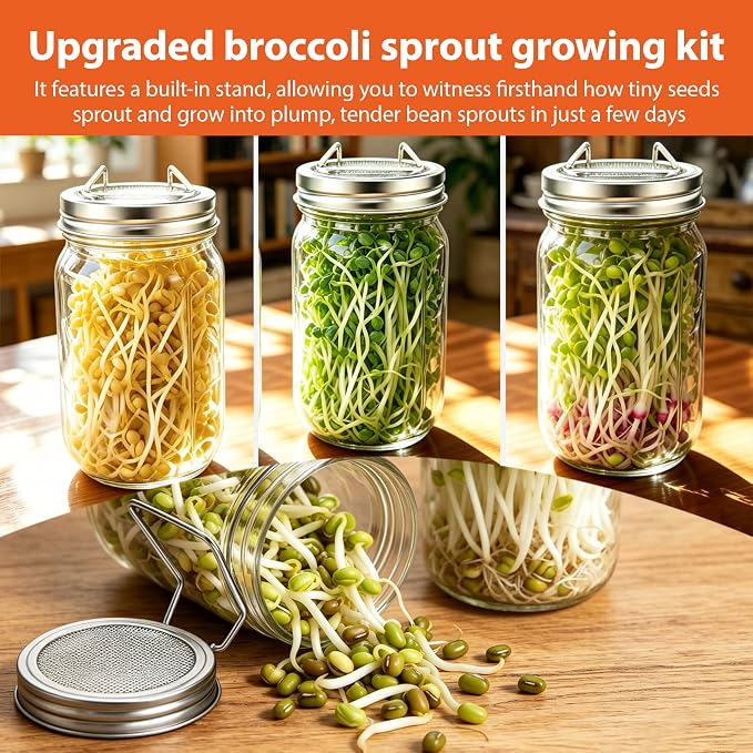Sprouting Jars Kit, 2 Wide Mouth Mason Jars with 316 Stainless Steel Lids | Complete Kit with 4 Mesh Screens, 2 Light-Blocking Sleeves, Drip Tray and Cleaning Sponge for Fresh Sprouts & Microgreens