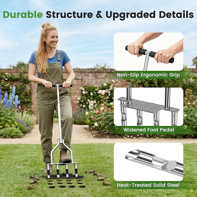 Manual Lawn Core Aerator with 4 Hollow Tines, Adjustable Height Grass Aeration Tool with Widened Footrest, Heavy Duty Plug Aerator for Lawn Yard Soil Compaction Relief