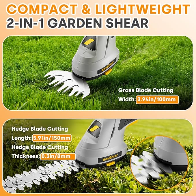 Enventor Cordless Hedge Trimmer and Grass Shear, 7.4V 2000mAh Rechargeable Battery, 2-in-1 Handheld Electric Grass Trimmer, Small Hedge Cutter with 2 Interchangeable Blades