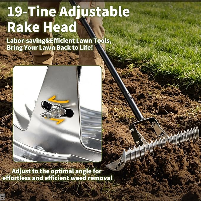 Dethatcher Rake 15-Inch Lawn Thatching Rake,19-Tine Heavy-Duty Steel Dethatching Rake with Adjustable Head&Long Handle,Durable Thatch Rake for Removing Dead Grass,Moss&Lawn Debris