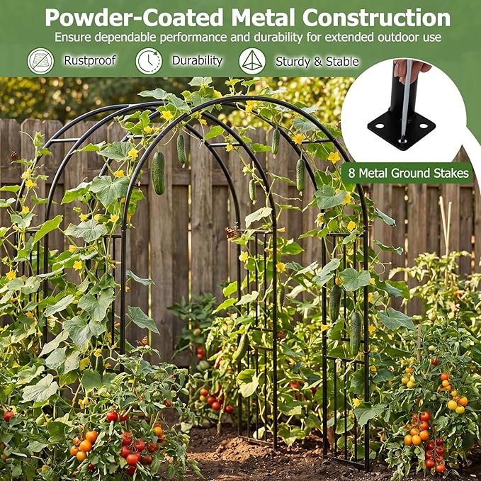 LDAILY Moccha Garden Arch Arbor Trellis, 7.2Ft Outdoor Steel Arbor with Stakes, Metal Archway for Climbing Plants, Wide Sturdy Garden Arch for Lawn, Party, Ceremony Wedding Decoration, Black