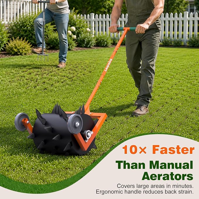 Rolling Lawn Aerator Grass Aerator, Steel Spike Roller Aerators Push Manual Lawn Aerators Machine, Rotary Aeration Tool for Lawns Soil Aerating, Aerator Lawn Tool for Garden Yard Turf Care - Orange