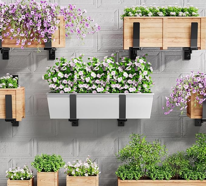 Y&M 4 PCS Adjustable Window Box Brackets for Planter Box, Heavy Duty Wall Mounted Hooks Hangers for Flower Baskets Holder Durable, Hanging Brackets for Fence Patio Garden Balcony