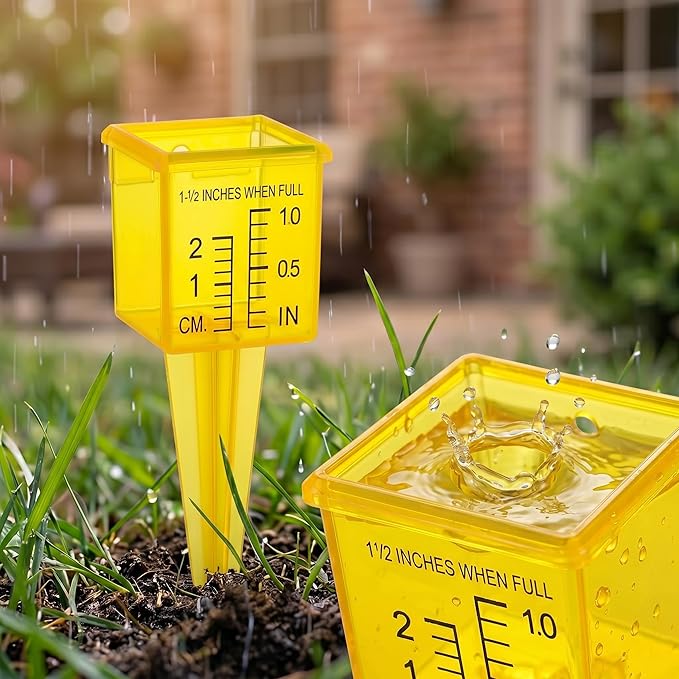 4 Pack Rain Gauge Outdoor, 1.5" Plastic Water Gauge for Rain with Wide Mouth & Ground Stake, Sprinkler Measuring Cup Tool for Yard Lawn Garden Irrigation, High Visibility Yellow Weather Instrument