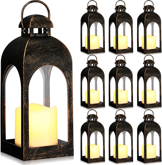 Tujoe 10 Pcs 10 Inch Decorative Candle Lantern Bulk for Wedding Centerpieces Lanterns with LED Flameless Candle Indoor Outdoor Hanging Lights for Wedding Party, Battery Included (Dark Bronze)