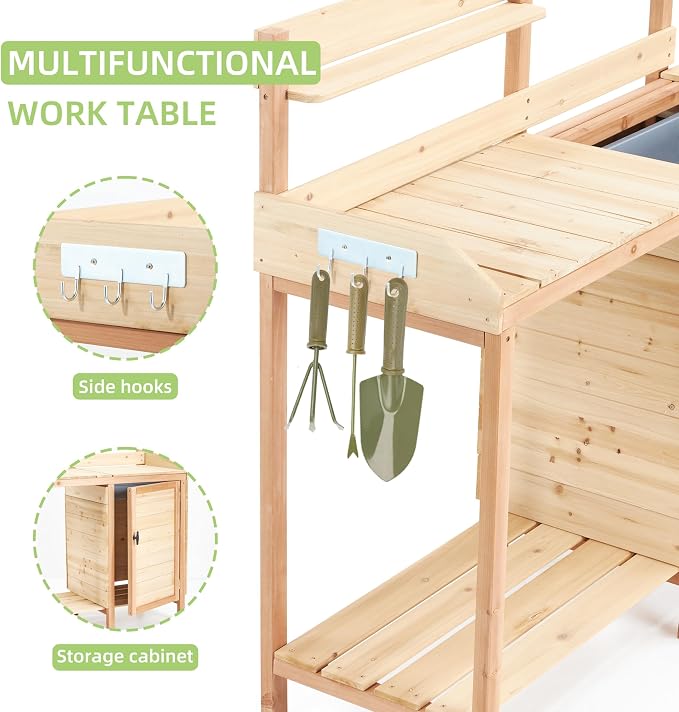 42" Outdoor Potting Bench with Sink, Wooden Potting Table with Sliding Tabletop, Storage Cabinet & Bottom Shelf, Garden Work Bench for Patio Backyard Porch, Natural