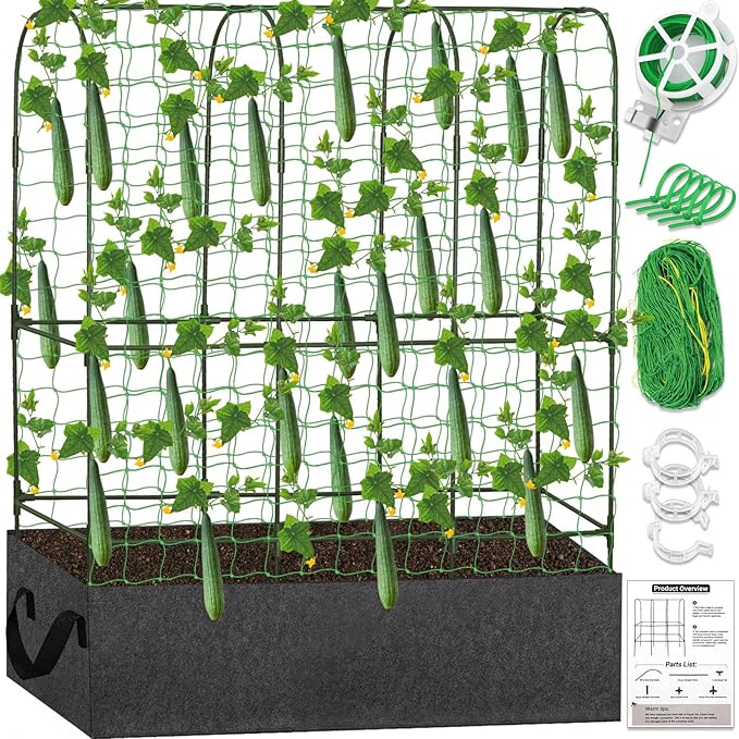 Garden Cucumber Trellis for Climbing Plants Outdoors, 65 x 50 Inch Large Metal Garden Trellis with Gardening Tools Nylon Garden Netting for Raised Bed Vegetable Fruit Flower Grow Support(U-Shape)