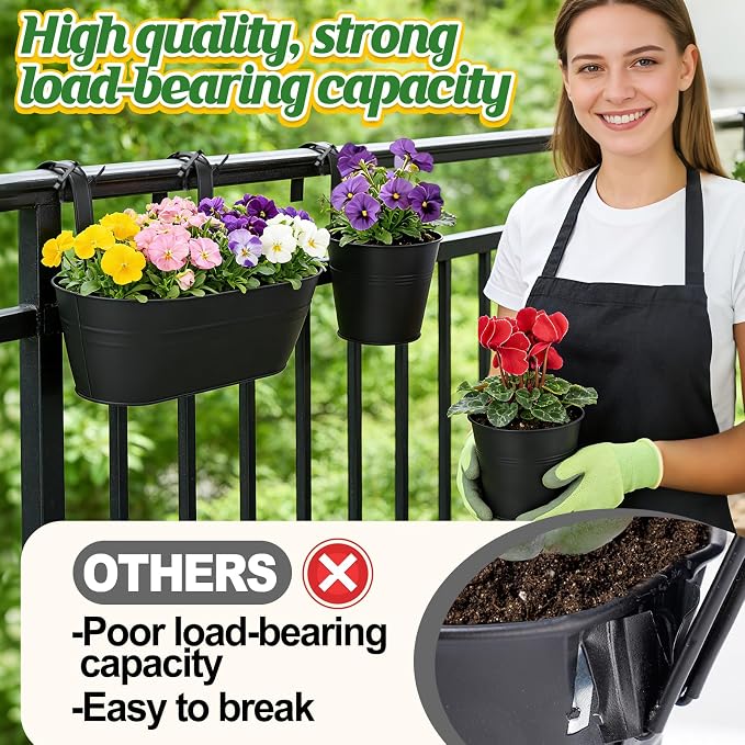 MADHOLLY Railing Planter with Drainage - 10.8" & 5.1" Bucket Pots for Balcony Railing, Metal Iron Hanging Flower Pots for Herb Planter Outdoor Deck & Rail Decor with Hook, Black (3Pcs)