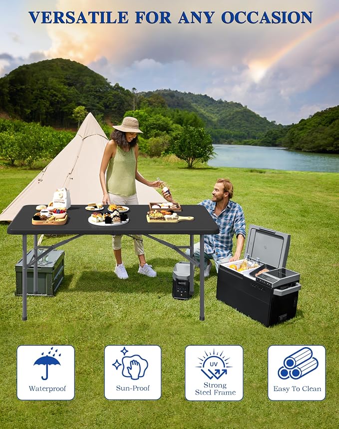 2 Pack 4FT Black Folding Table for Outdoor, 4 Foot Picnic Tables No Assembly Required Portable, Black Foldable Table for Camping, Parties, Meeting, Events, Wedding, with Carrying Handle