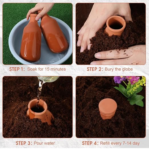 DoubleFill 8 Pcs Ollas Terracotta Watering Pots Self Watering Planter Insert Terracotta Globes Clay for Outdoor Indoor Garden Plants, Easy to Refill (24 oz)