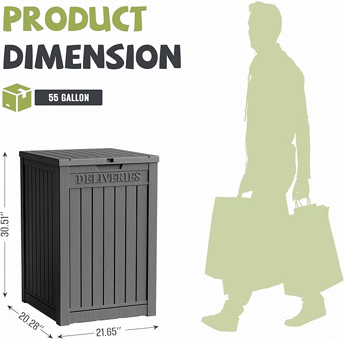 55 Gallon Package Delivery Boxes Outside Secure Waterproof Resin UV Resistant Lockable Mail Parcel Drop Mailbox Storage Deck Box for Outdoor Porch Patio Black