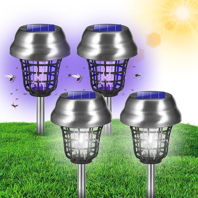 2026 Solar Bug Zapper Outdoor Waterproof Mosquito Repellent Outdoor Patio Mosquito Trap & Killer for Backyard, Farm, Garden, Solar Powered Fly Zapper for Small Flying Insect, Gnats, Flies, Moths(4)