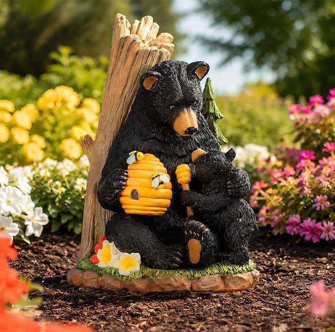 C&Y&G&X Solar Black Bear Garden Statue with Light-Up Beehive & Honey Dipper, Outdoor Resin Animal Sculpture Yard Art Decor for Patio, Lawn, Porch, and Housewarming Gift