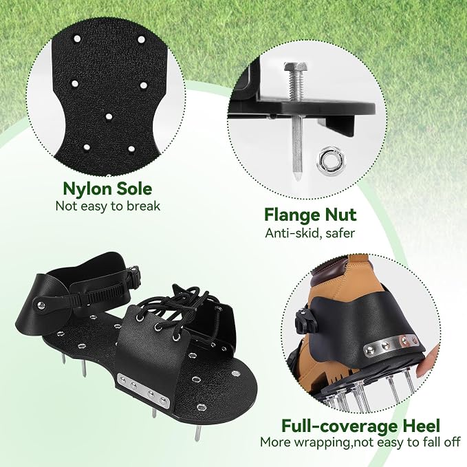 HFH Heavy Duty Lawn Aerator Shoes with Upgraded Ratcheting Buckles | Indestructible nylon soles with 1.75 in spikes. Quick-lock ratcheting buckles ensure an upgraded no-slip secure fit.