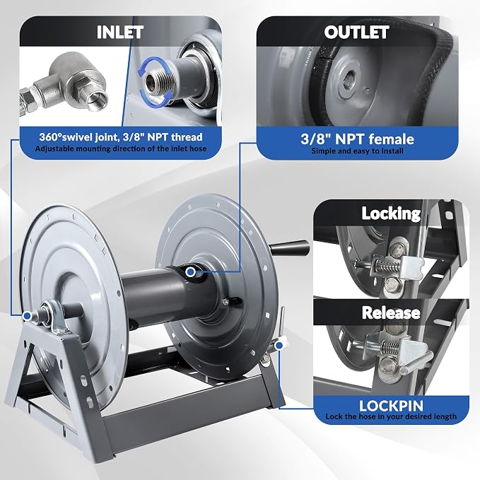 FIXFANS Pressure Washer Hose Reel, 300FT x 3/8" Heavy Duty Hose Reel, Manual Crank Power Washer Hose Reel with M22 Fitting, Wall/Floor/Truck Mounted, 4000 PSI