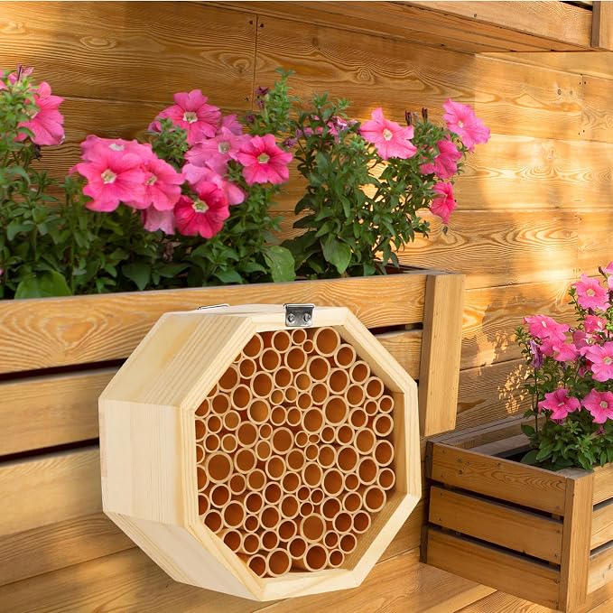 Mason Bee House - Handcrafted Natural Wooden Bee Hotel with Waterproof Wax Coating - Attracts Peaceful Pollinators, Enhances Garden Productivity