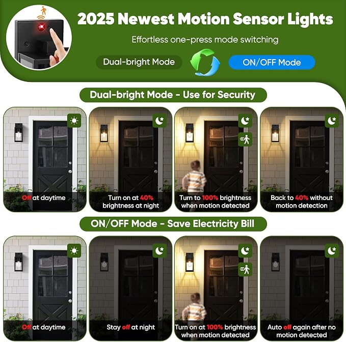 2-Pack Upgraded Motion Sensor Outdoor Wall Lights, 10.6” Small Dusk to Dawn Porch Lights Wall Sconce Lanterns, 3 Lighting Modes Exterior Lighting Fixtures, Black Outside Lights for House Front Door