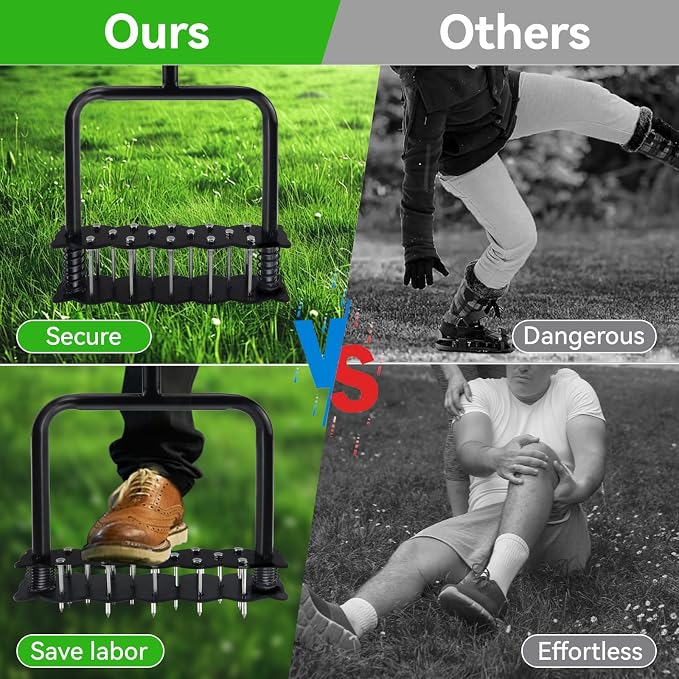 Lawn Aerator -Aerator Lawn Tool with 14 Iron Spikes, Automatic Dirt and Leaf Clean with Spring-Loaded Design, Height Adjustable Metal Manual Aerator, Soil Loosening, Yard Aerating, Garden Tool