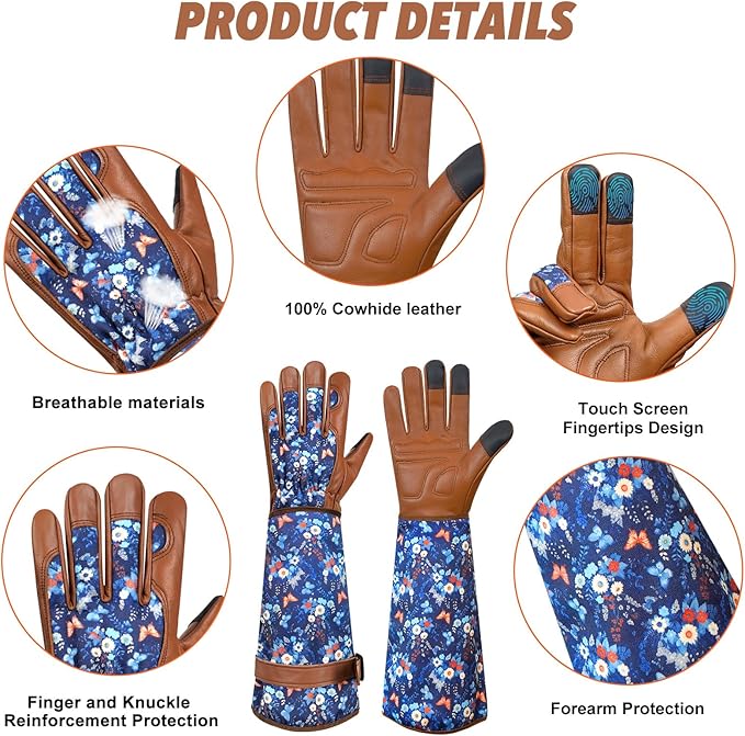 DLY Gardening Gloves for Women, Rose Gloves Thorn Proof, Long Garden Gloves for Women, Breathable Cowhide (Large, Brown)