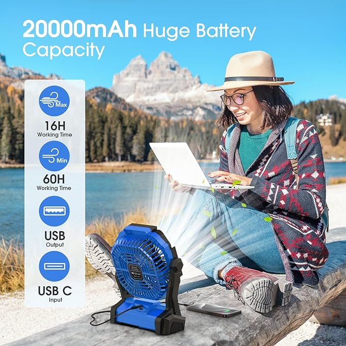 Portable Fan Rechargeable, Cordless Battery Powered Fan with LED Lantern 20000mAh Battery Operated for Travel Bedroom Home Camping Tent Office Beach Desk Picnic Barbecue Fishing Table