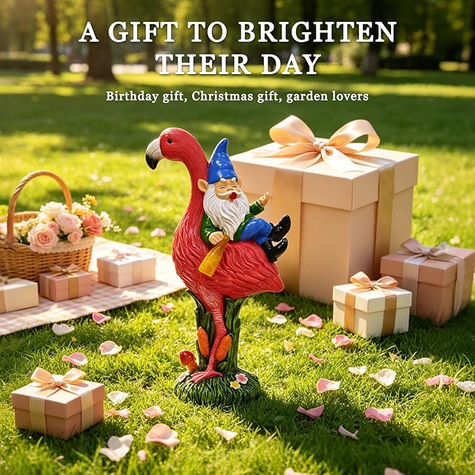 Solar Garden Gnome Riding Flamingo Sculpture with LED Light, Resin, Multicolor, Outdoor Yard Lawn Patio Decor