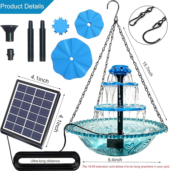 Solar Powered Hanging Bird Bath Fountain, 3-Tier Cascading Water Feeder for Hummingbirds Wild Birds[16.4FT/Extra Long Cord] for Outdoor,Garden, Patio, Backyard Decor