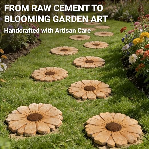 Heavy Duty Concrete Stepping Stone 10 Inch Daisy Design, Non Slip Garden Pathway Stone for Outdoor Walkway Yard Patio Lawn (Orange)