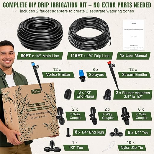 Push-to-Connect Drip Irrigation System Kit, 2-Zone Garden Watering System with 50FT 1/2" Mainline, Leak-Resistant Quick Connect Fittings, Adjustable Emitters for Raised Beds, Greenhouse