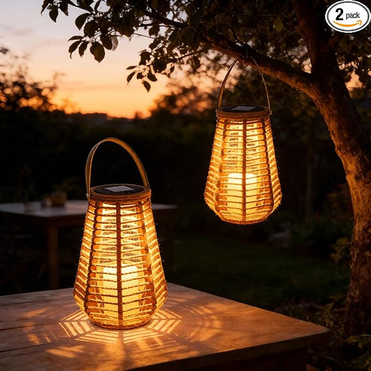 2 Pack Solar Lanterns Outdoor Waterproof, Vase-Shaped Solar Lantern with Handle, Hand-Wound Rope Outdoor Lantern Dusk to Dawn 6-8Hr, Hanging & Tabletop Decor for Garden/Patio