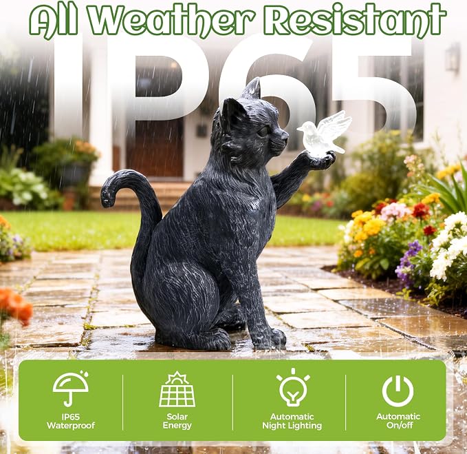 Solar Cat Garden Outdoor Statues, Cat Sculpture with Glowing Bird Light, Lawn Decoration, 10 Inches Tall, for Patio, Balcony, Garden, Yard, Birthday Gift for Mom, Grandma and Women
