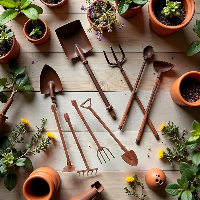 4 Pcs Miniature Dollhouse Garden Tools 1:12 Mini Rusty Shovel Hoe and Pitchfork Fairy Garden Accessories Furniture Ornaments Micro Landscape Decor Garden Sculptures Statues, Decorations