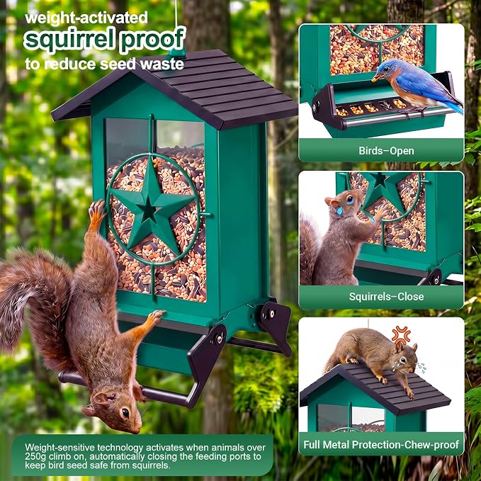 Squirrel Proof Bird Feeders for Outdoors with Weight-Activated, Metal 5LB Large Wild Bird Feeders for Cardinals,Blue Jay,Finch, Weatherproof Durable Hanging Bird Feeder for Backyard,Garden (Green)