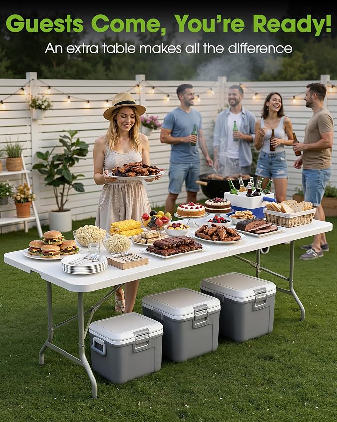 Pureegg 8FT Folding Table - No Assembly Required, Versatile Dining Table with Carrying Handle & Tabletop Safety Lock, Portable Foldable Table for Party, Craft, Camping, Picnic, White