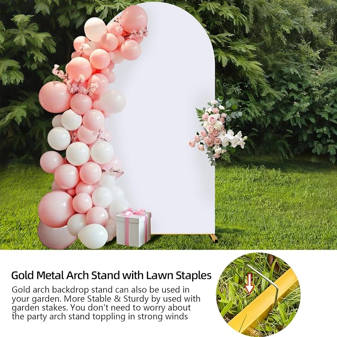 Metal Arch Backdrop Stand and Cover Set, 7.2FT Gold Wedding Backdrop Arch Frame Stand with Cover, Balloon Arch Stand with White Arch Cover for Party Birthday Baby Shower Graduation Decorations