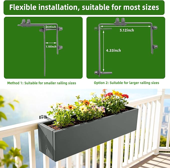 2 Pack Metal Railing Planter Box, 30 Inch Balcony Planters with Adjustable Brackets, Large Hanging Planters for Outdoor Fence Deck