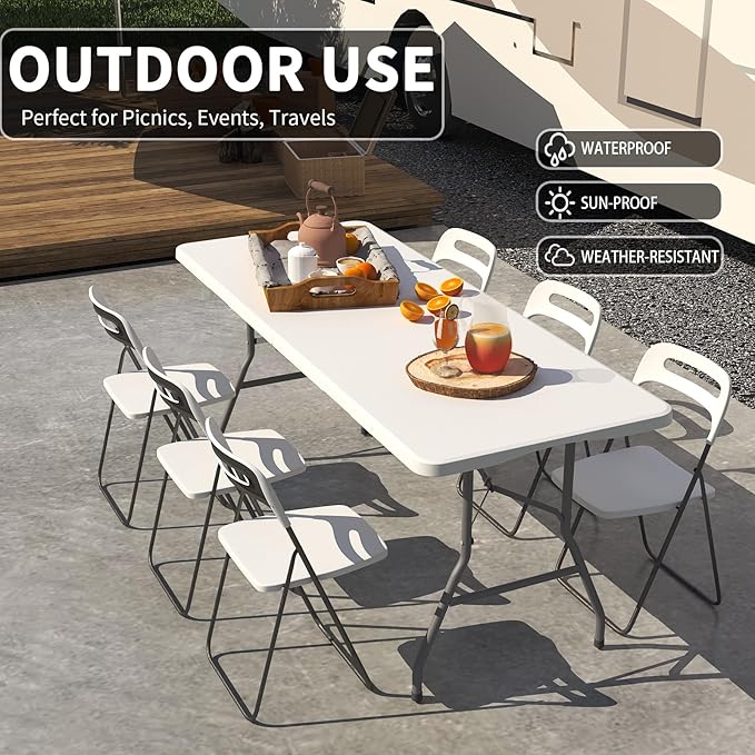 Folding Table 6FT, No Assembly Required Outdoor Picnic Table Thickened HDPE Panel, Office Foldable Table with Handle & Lock for Parties Wedding Camping (White, 8 Pack)