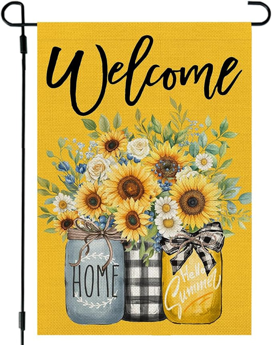 CROWNED BEAUTY Summer Garden Flag Sunflowers Mason Jars 12x18 Inch Double Sided Small Yellow Floral Seasonal Holiday Decoration for Outside Yard