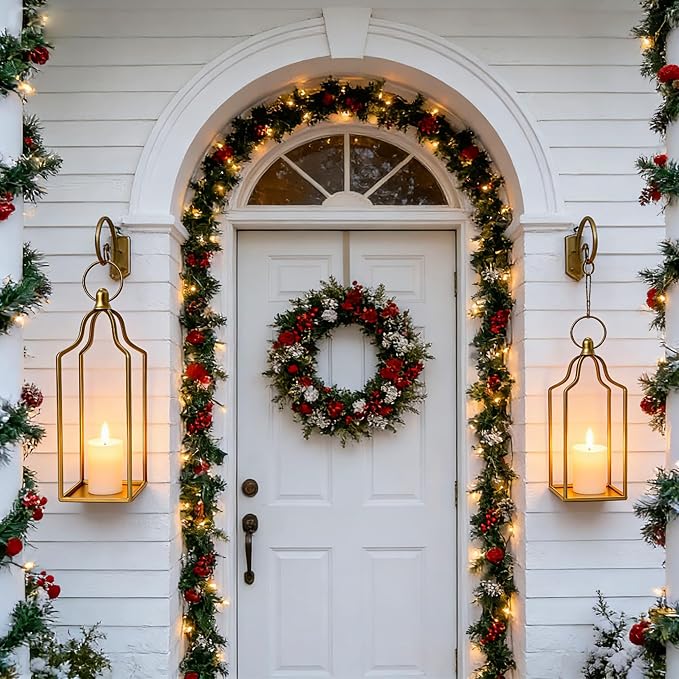 Rustic Farmhouse Decor Metal Lantern Set of 2 Decorative Lanterns for Home Indoor Outdoor Living Room, Fireplace, Patio, Wedding & Kitchen Table Centerpieces (Glod, 14.5" 12.2")