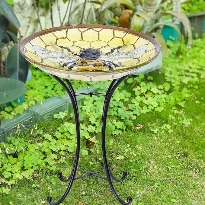 MUMTOP Bird Baths for Outdoors - Bee Large Glass BirdBath Bowl with Metal Stand, Outdoor Garden BirdBaths for Outside Lawn Yard Decor