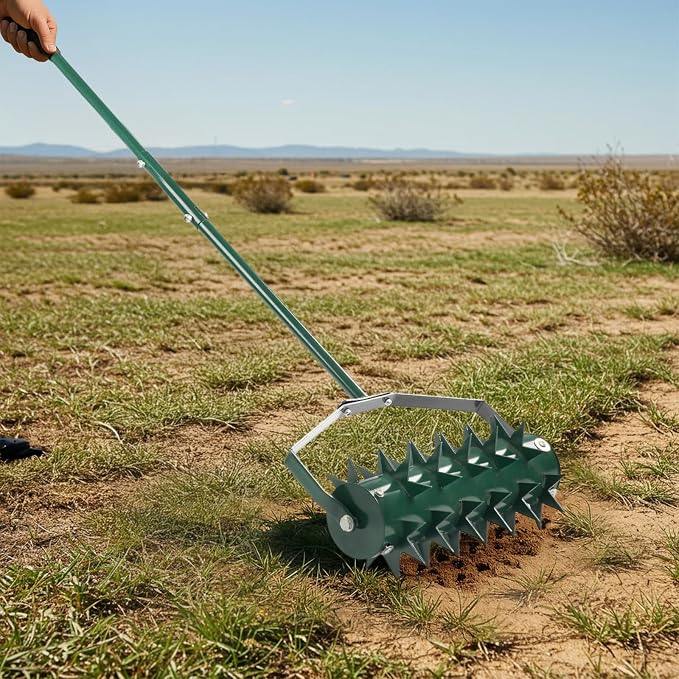 18in Rolling Lawn Aerator, Heavy Duty Manual Aerator Lawn Tool, Lawn Spike Aerator Roller with Adjustable Handle, Soil Penetrator Push Lawn Aeration for Garden Yard Patio (Green)