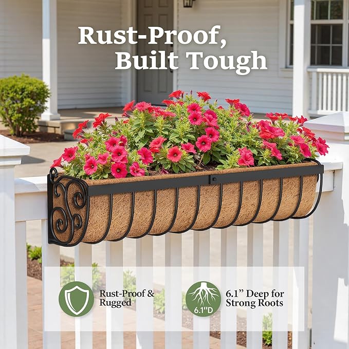 VOXOR Railing Planter Boxes, 30 Inch Window Boxes Planters, Balcony Planters with Adjustable Brackets & Coco Liner for Outdoor Fence, Deck, Porch, and Patio Gardening, 2 Pack