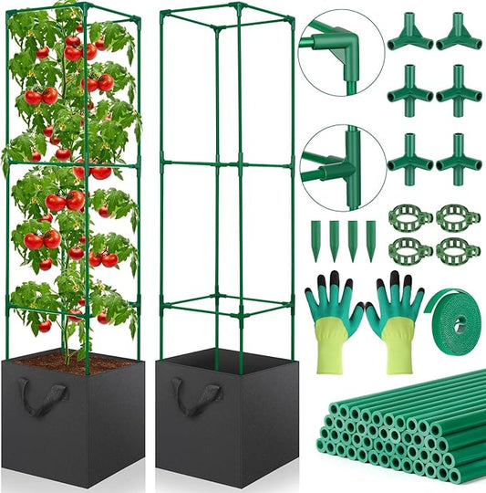 2 Pack Tomato Cages for Garden,49-Inch Square Trellis Frame with 7 Gallon Grow Bags, Plant Clips, Tomato Plant Support Kit for Garden Raised Bed Cucumber Vegetable Climbing Outdoor Indoor