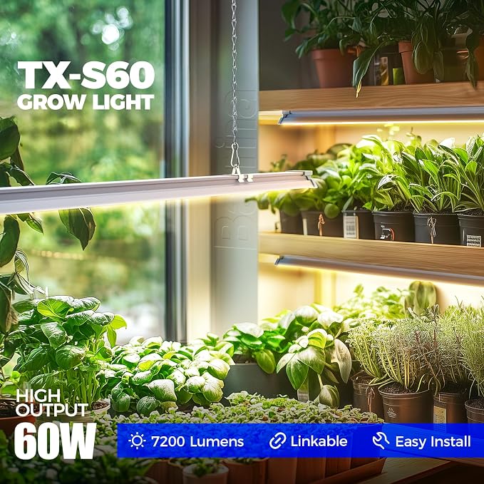 Barrina TX-S60 4FT Grow Light, 60W(420W Equivalent), Full Spectrum with 660nm Red LEDs, High PPFD, Linkable, Hanging Grow Lights with On/Off Switch for Indoor Plants, Greenhouse, Seeding, Veg, 1 Pack